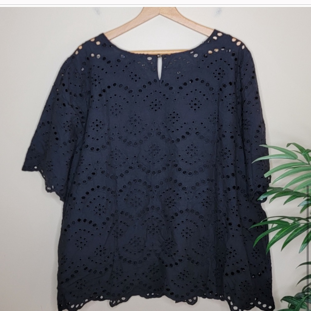 Ellos | Black Eyelet Lace Short Sleeve Scalloped Top